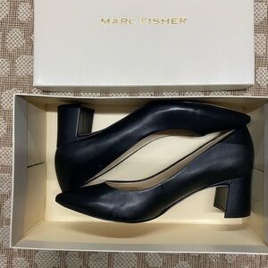 Marc Fisher Black Leather Almond Toe Block Heels, 8M